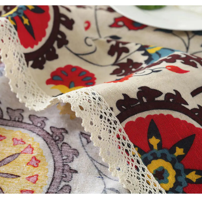 Sunflower Cotton Linen Tablecloth with Vintage Lace