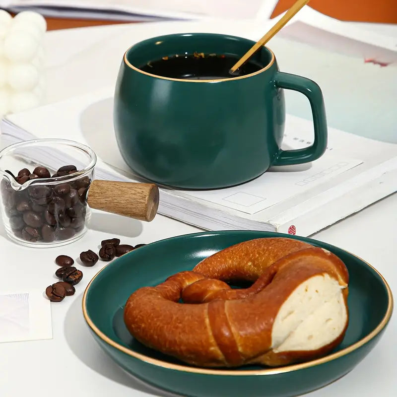Ceramic Coffee Cup Set with Gold Trim and Tray