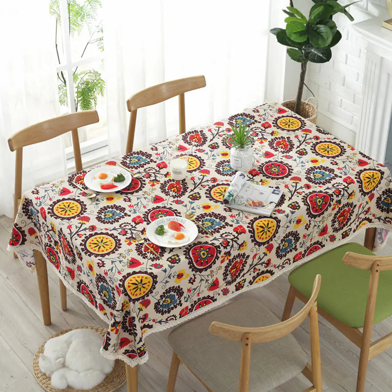 Sunflower Cotton Linen Tablecloth with Vintage Lace