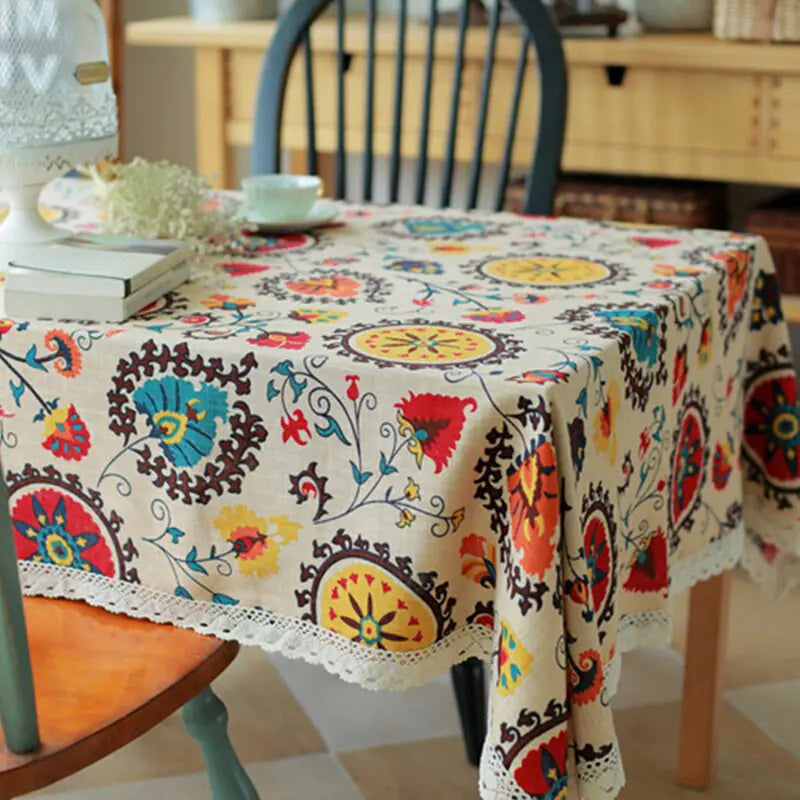 Sunflower Cotton Linen Tablecloth with Vintage Lace