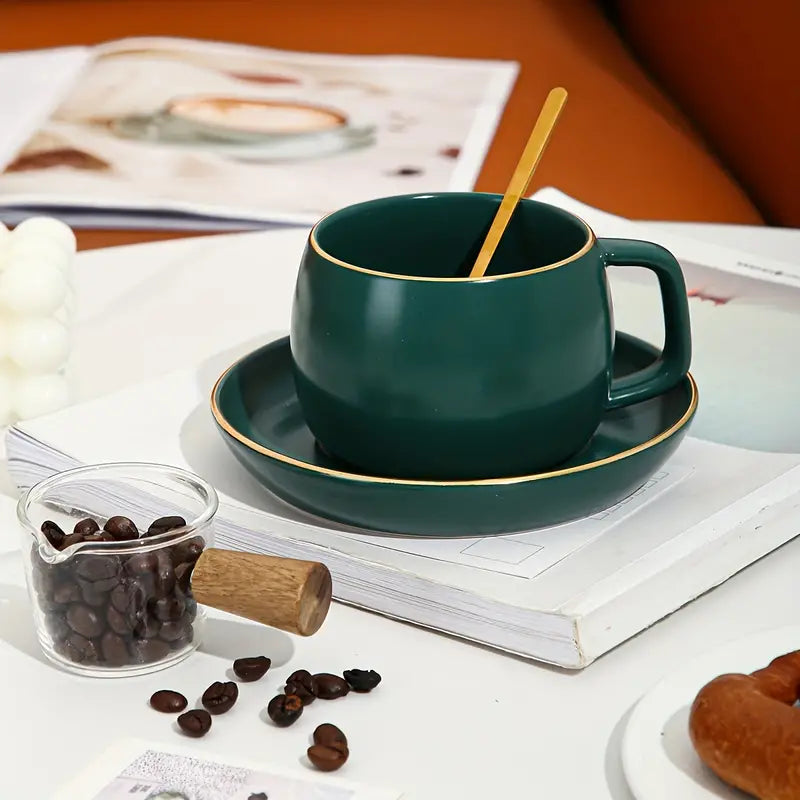 Ceramic Coffee Cup Set with Gold Trim and Tray