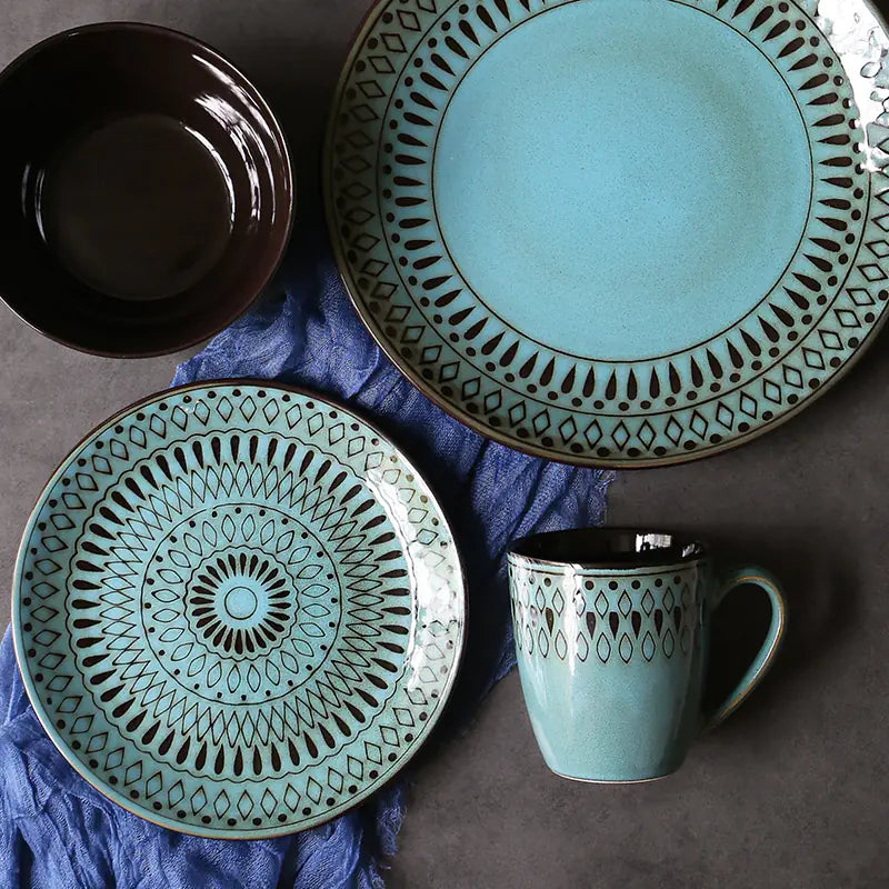 Retro Ceramic Tableware Set: Bowls, Plates, Cups