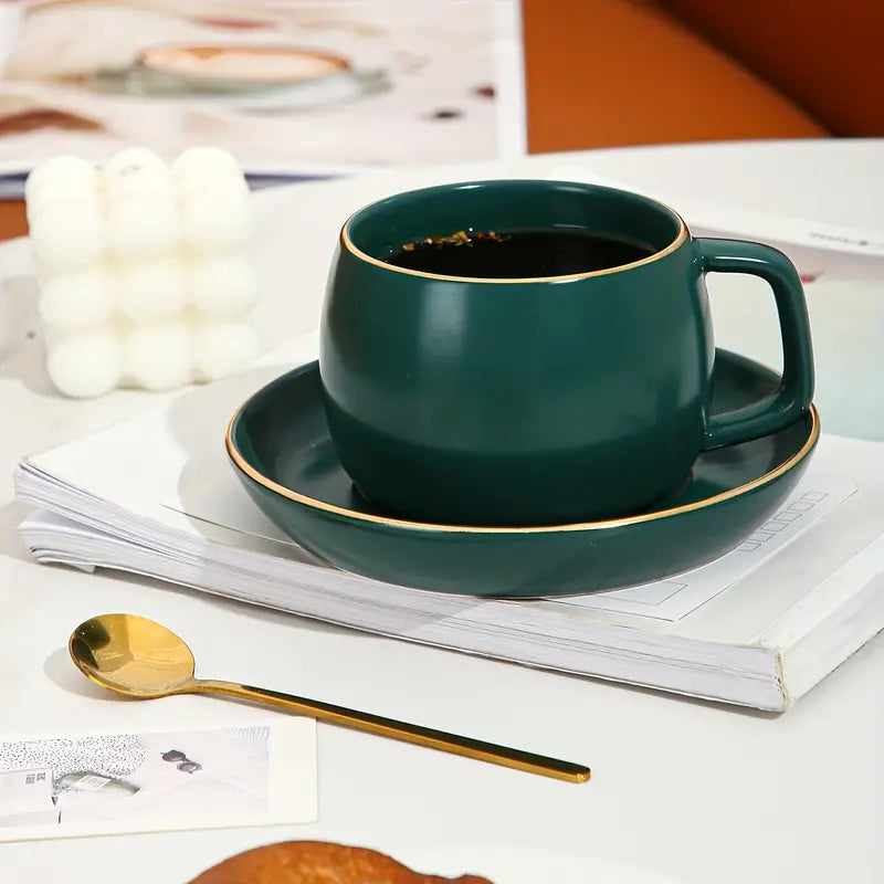 Ceramic Coffee Cup Set with Gold Trim and Tray