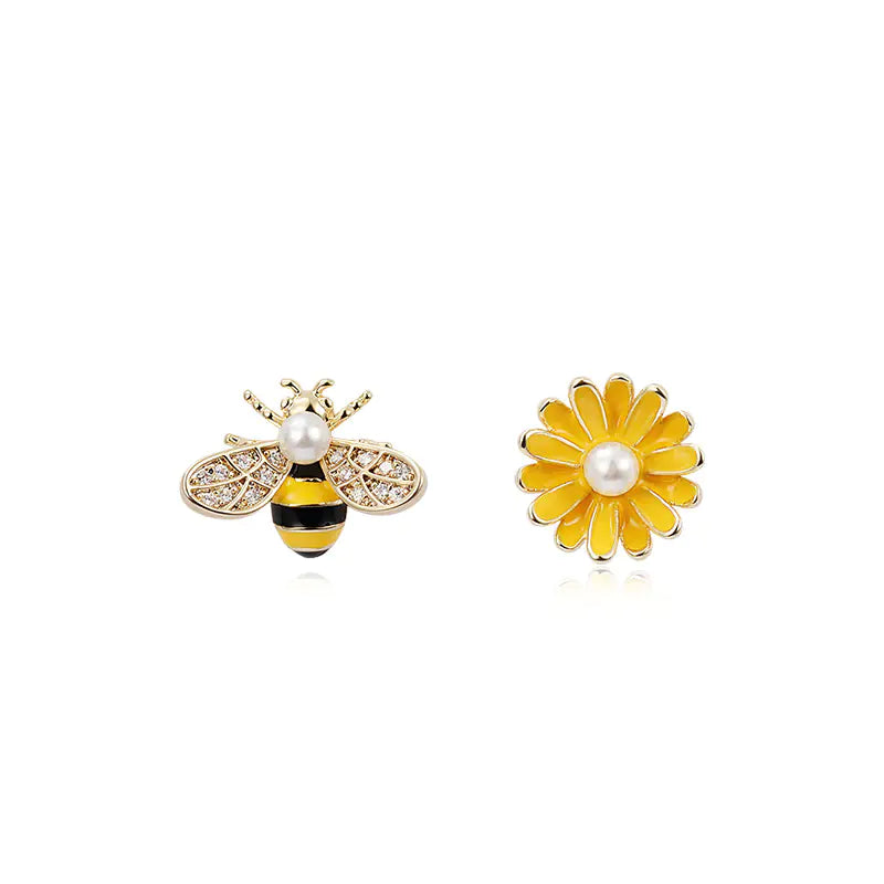 Asymmetric Bee Daisy Earrings for Women, 925 Silver