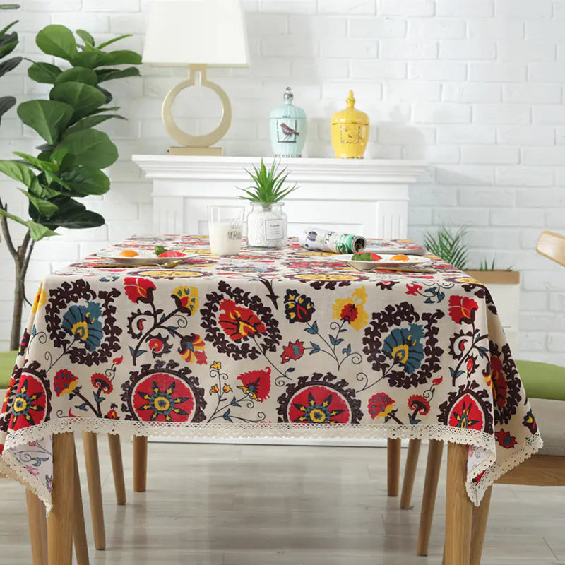 Sunflower Cotton Linen Tablecloth with Vintage Lace
