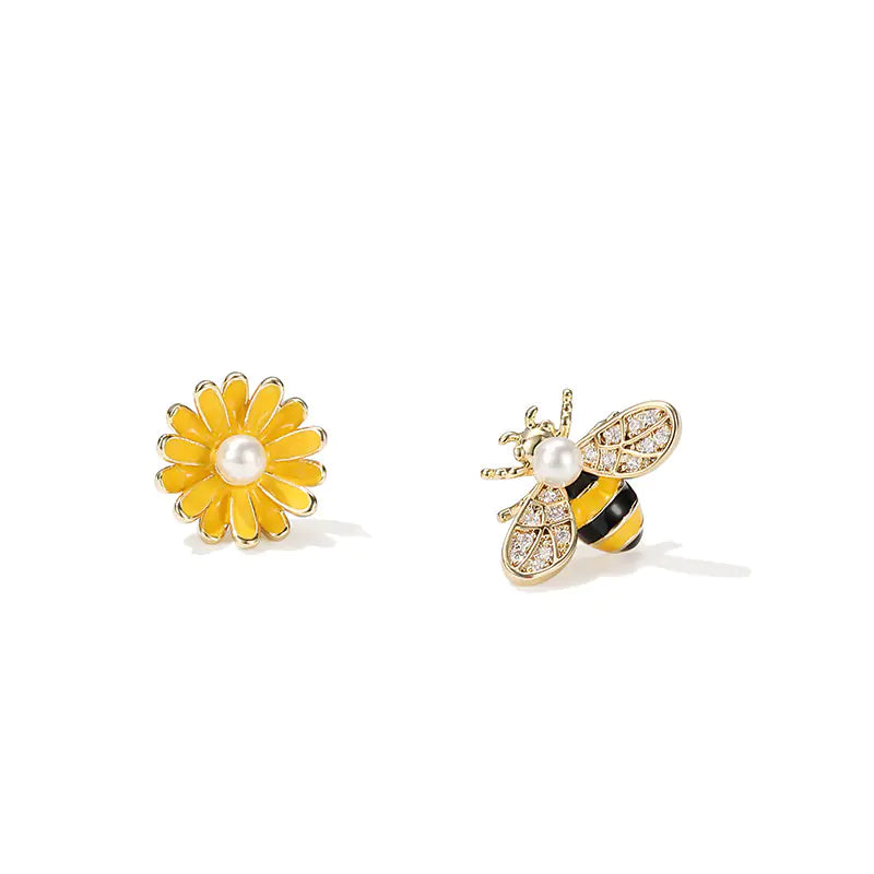 Asymmetric Bee Daisy Earrings for Women, 925 Silver