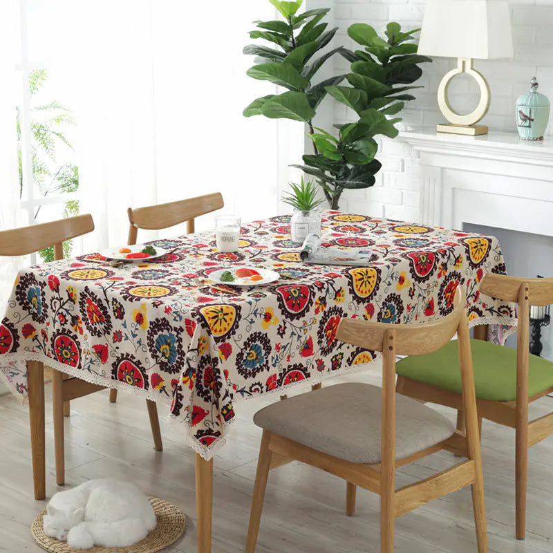 Sunflower Cotton Linen Tablecloth with Vintage Lace