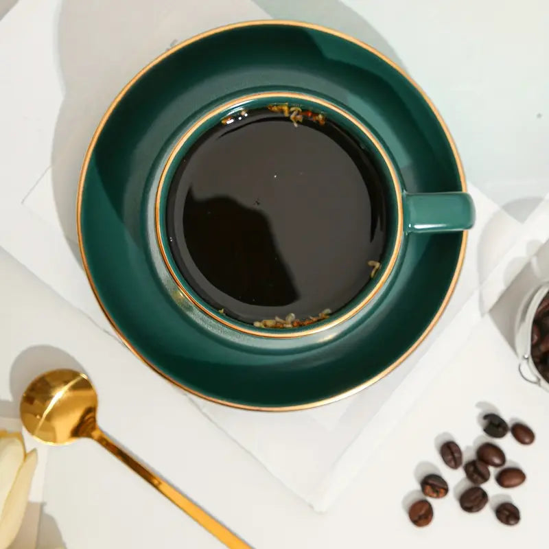Ceramic Coffee Cup Set with Gold Trim and Tray