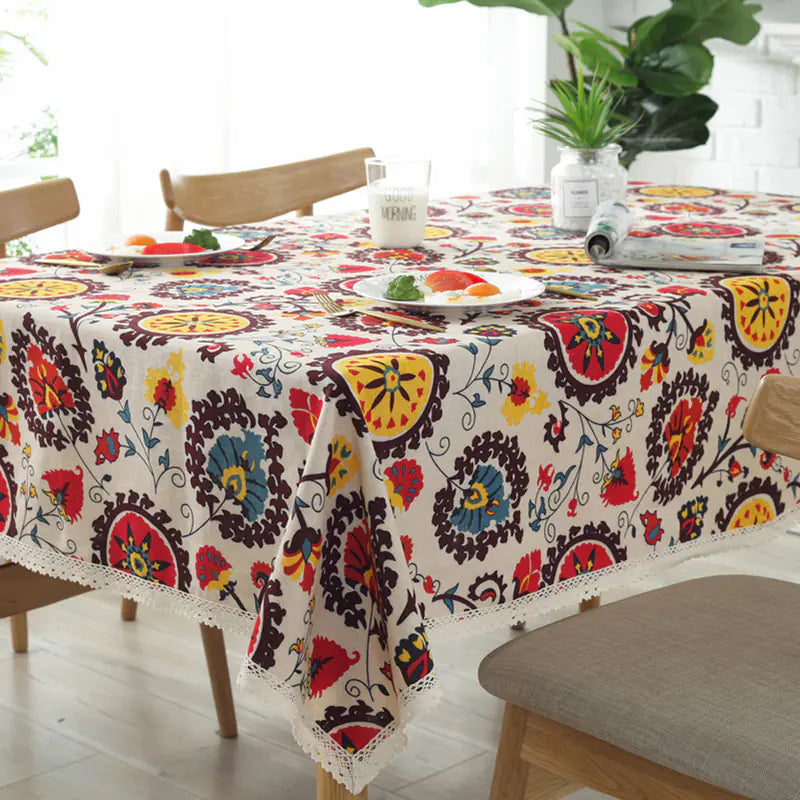 Sunflower Cotton Linen Tablecloth with Vintage Lace